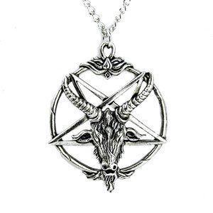 Baphomet Inverted Pentagram Silver Necklace Pendant Goat Head Occult Metal Goth